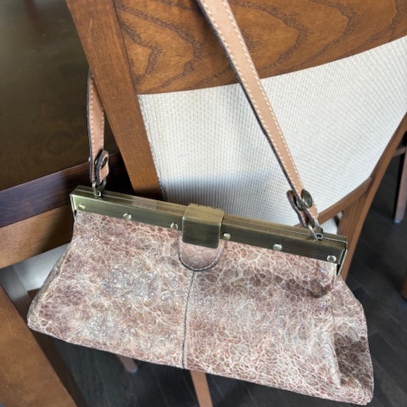 PATRICIA NASH Ferrara-Frame med. sz satchel purse Italian leather taupe gold - Picture 7 of 16